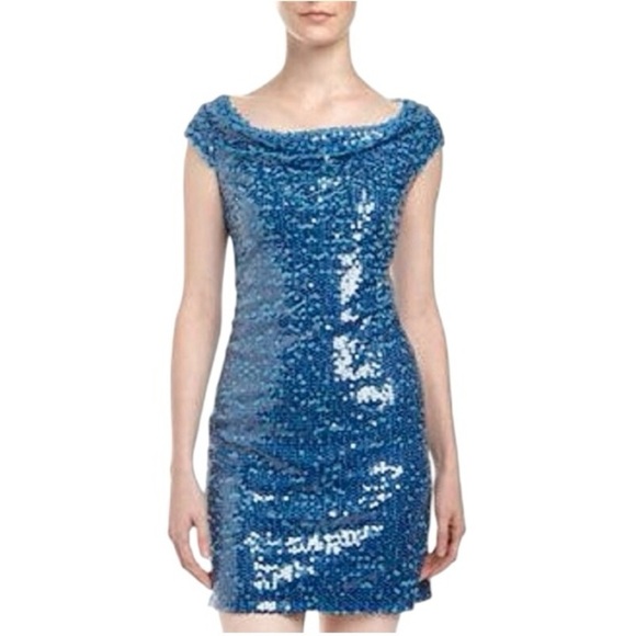 Andrew Marc Womens Size 4 Blue Sequin Sheath Cocktail Party Cowl Neck Mini Dress - Picture 1 of 10